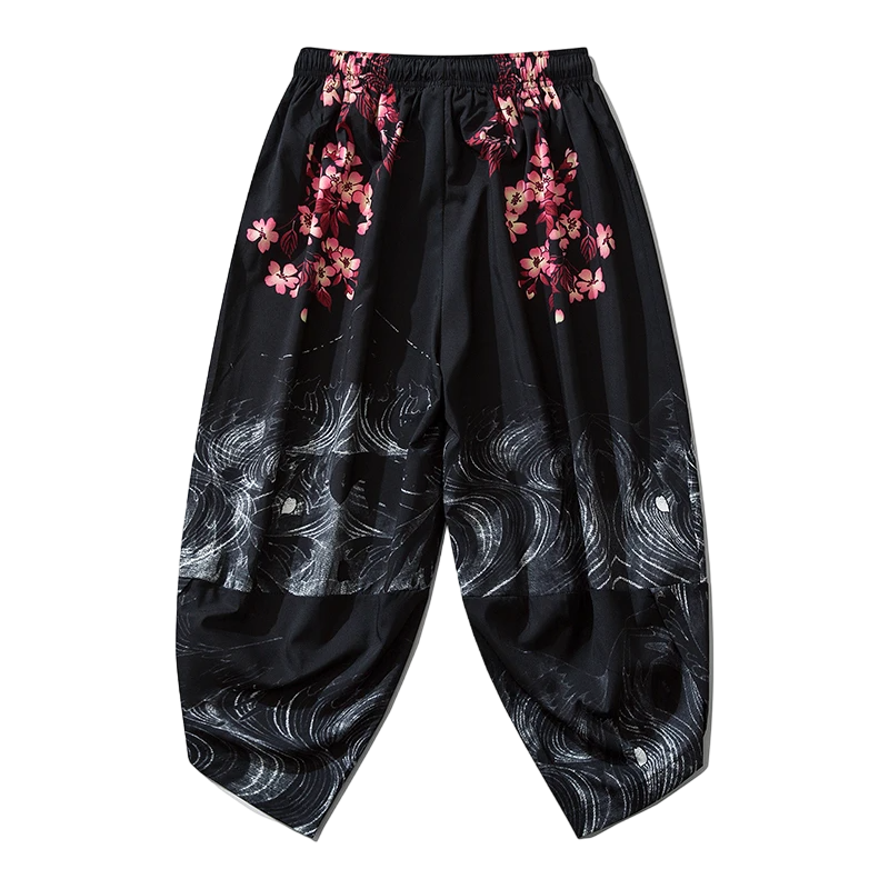 Black Flowers Yukata Pants