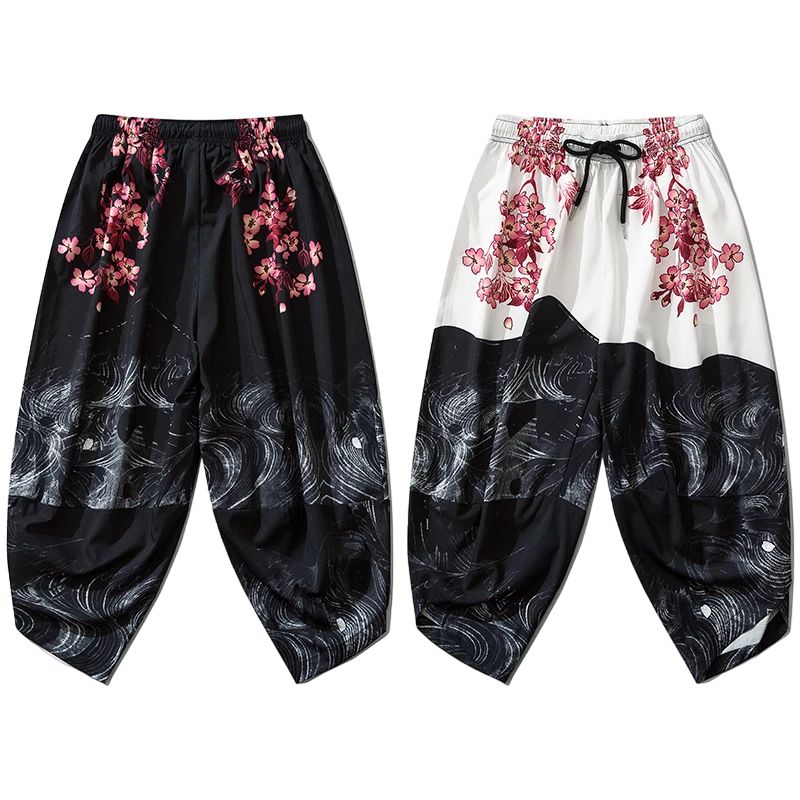 Black Flowers Yukata Pants