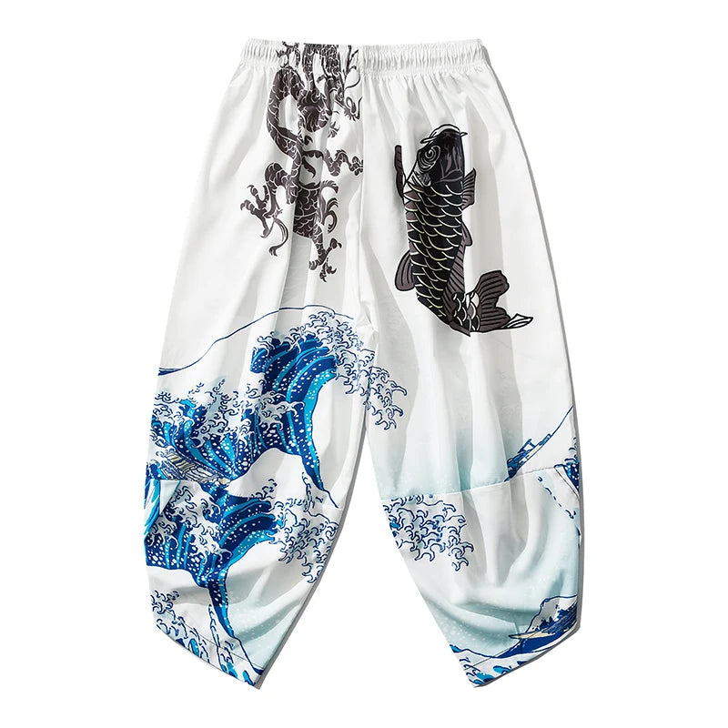 White Wave Carp Yukata Pants