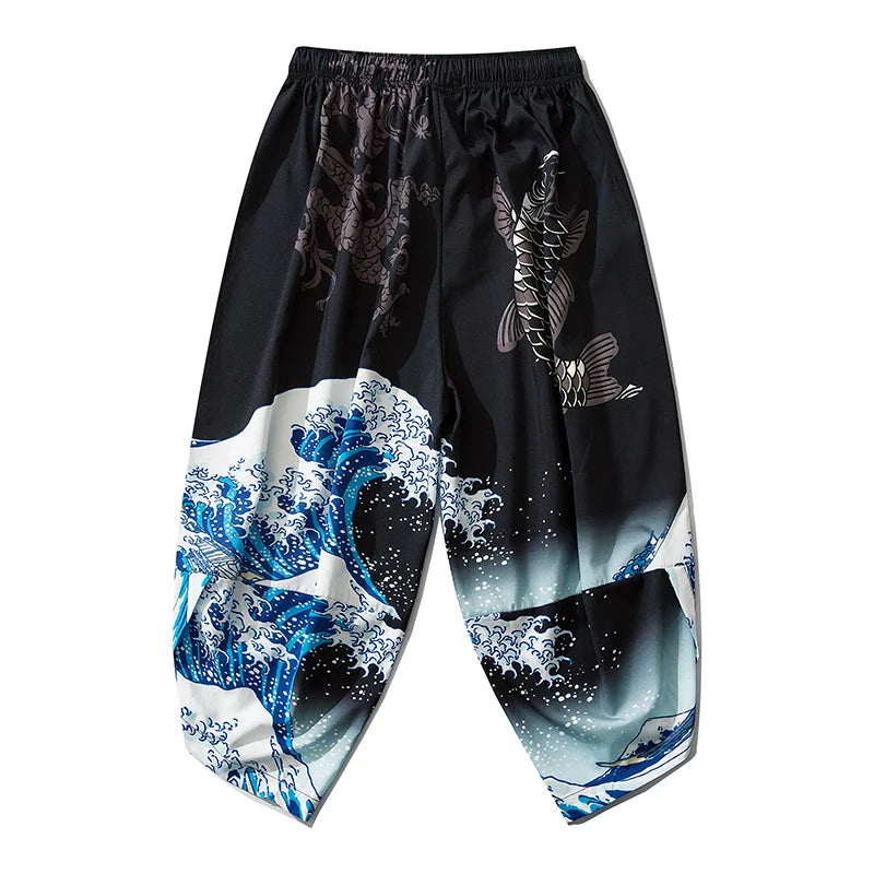 Black Wave Carp Yukata Pants