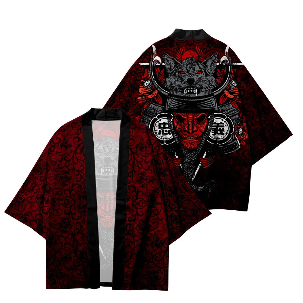 Red Samurai Wolf Yukata Top