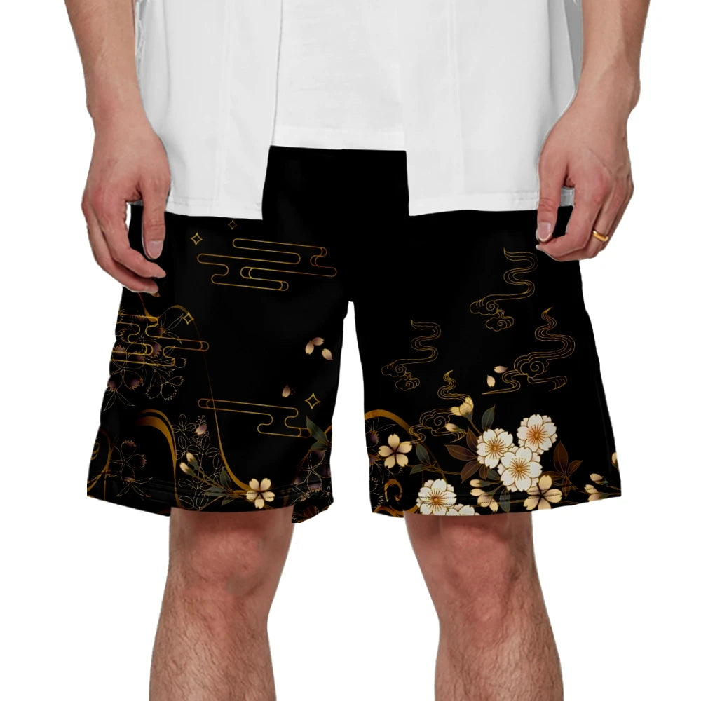 Black Flower Yukata Shorts