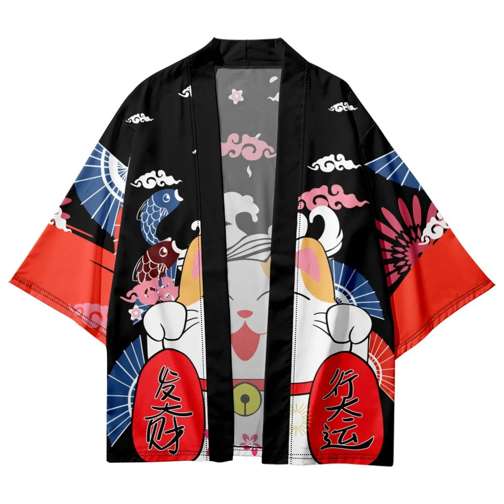 Red Lucky Cat Yukata Top