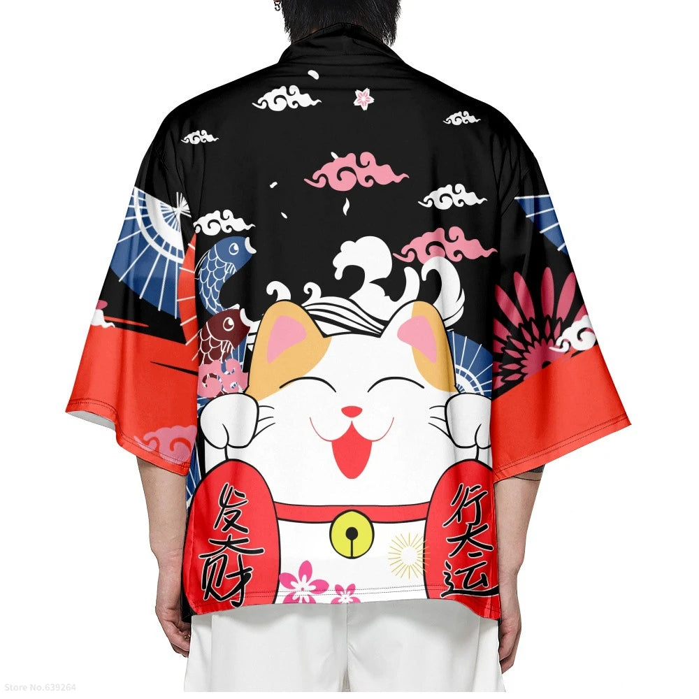 Red Lucky Cat Yukata Top